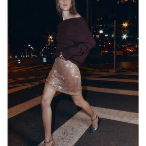 Zara NWT SZ medium SEQUIN KNIT LACE MINI SKIRT color mink